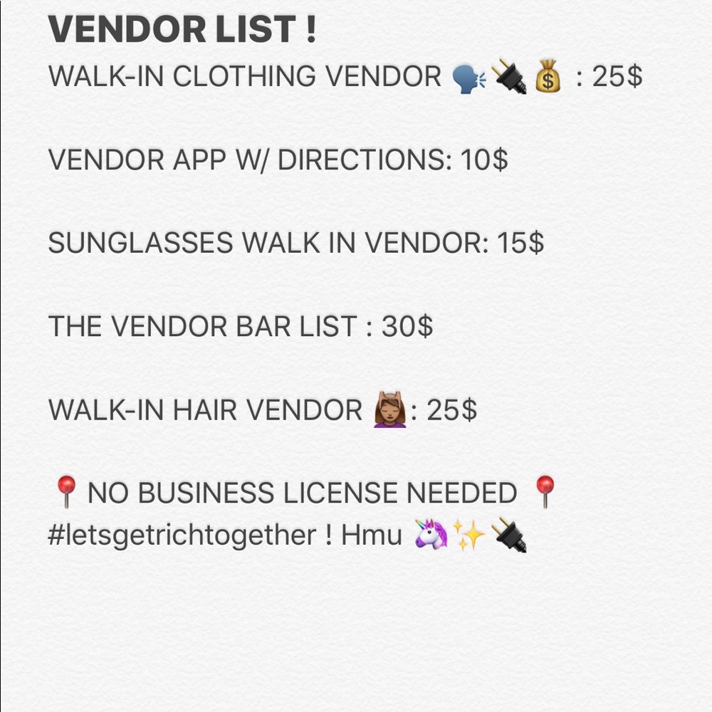 Vendor list